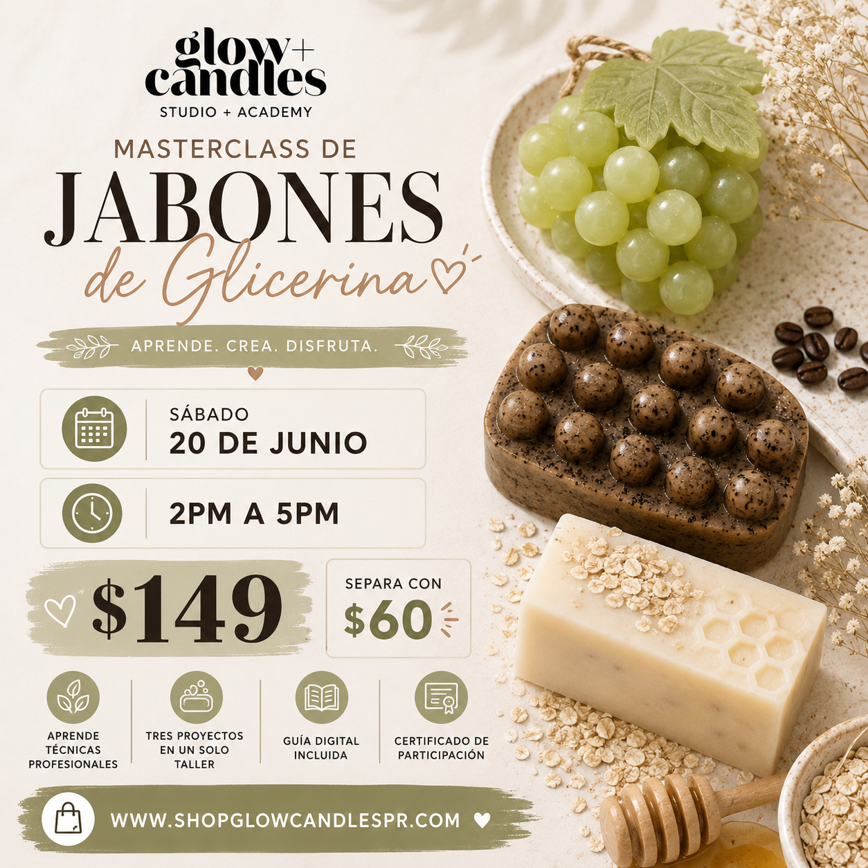 Taller Grupal - CAROLINA Masterclass Jabones de Glicerina Uvas y Barras $149