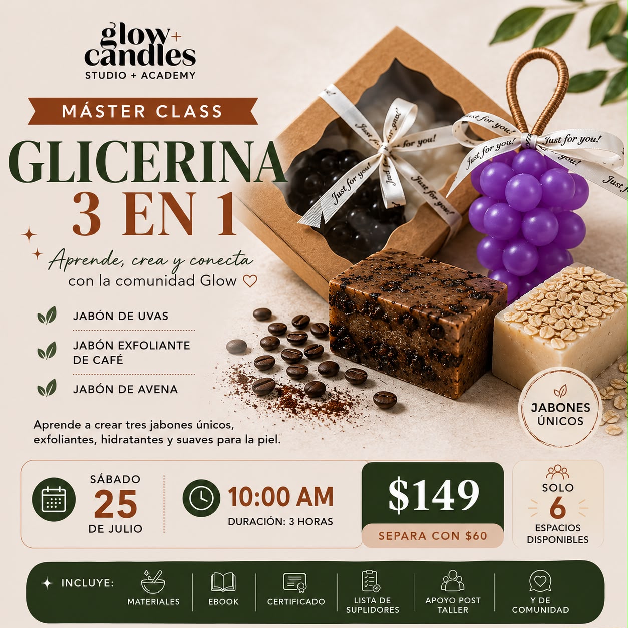 Taller Grupal - CAROLINA Masterclass Jabones de Glicerina Uvas y Barras $149